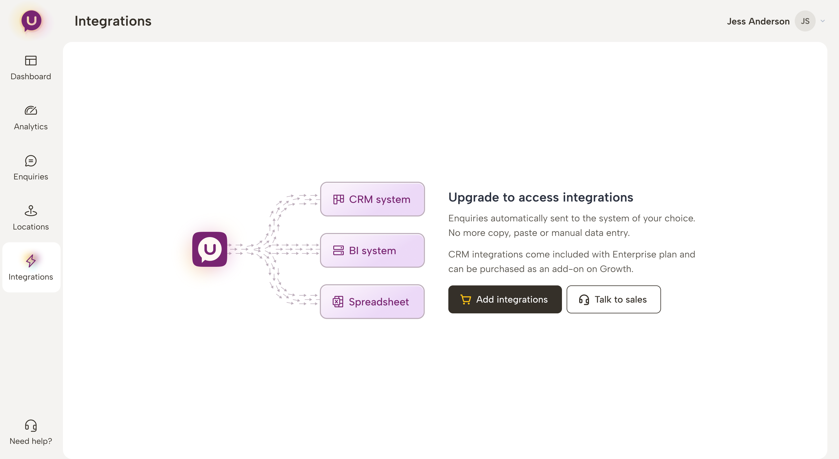 Экран апгрейда: интеграции с CRM входят в Enterprise и продаются как дополнение к Growth