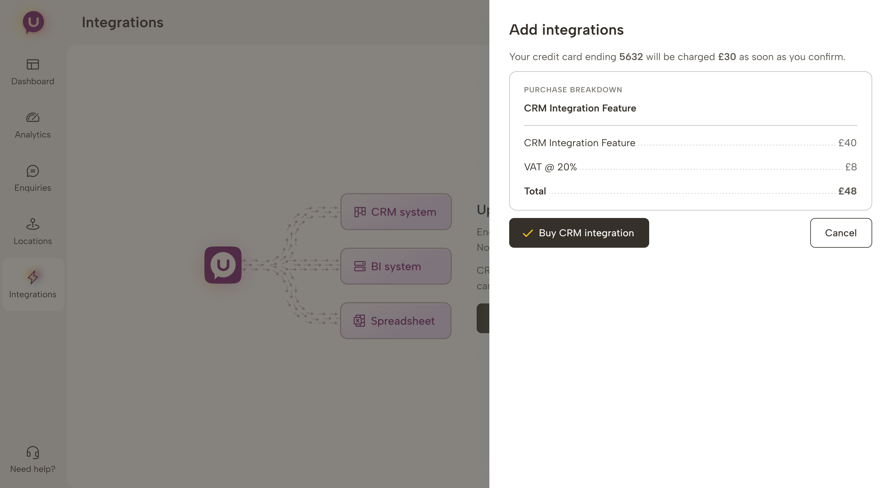Оплата дополнения CRM-интеграции: £40 плюс VAT